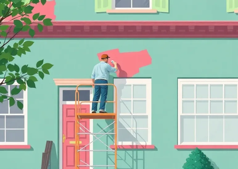Peintre sur échafaudage traitant la façade d'une maison
