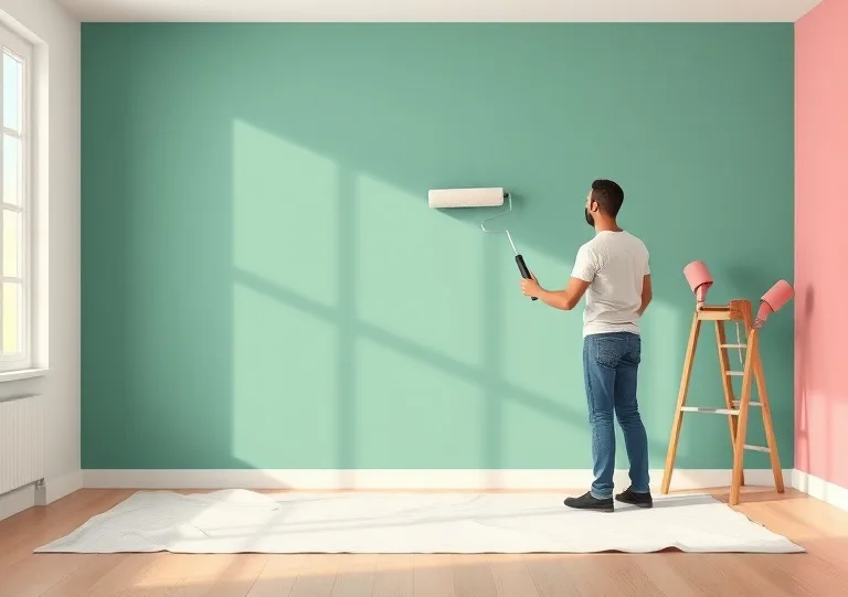 Peintre appliquant la peinture au rouleau sur un mur de salon